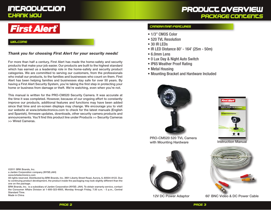 Introduction, Product overview, Package contents | First Alert DIgital Color Camera S20CVL User Manual | Page 2 / 5