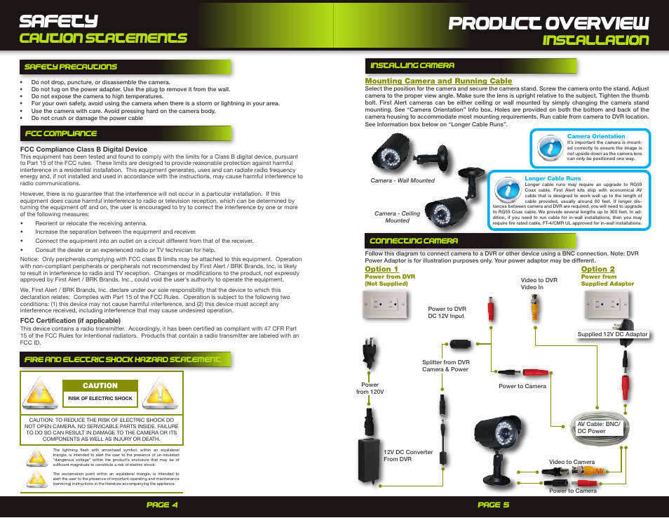 Safety, Product overview, Caution statements | Installation | First Alert DIgital Color Camera S20CVL User Manual | Page 3 / 5