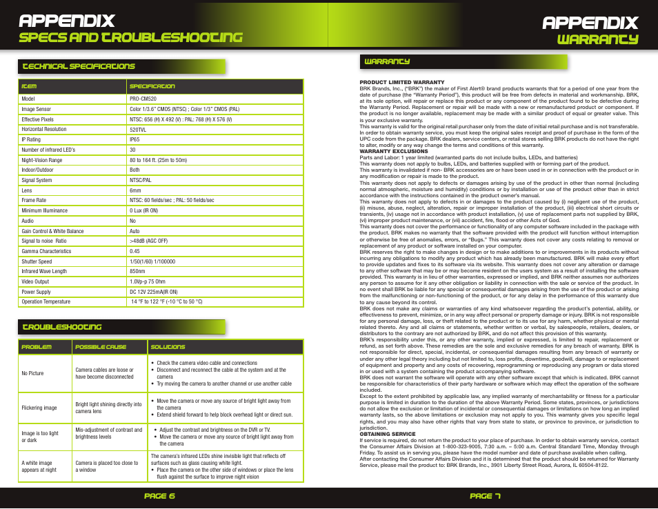 Appendix, Specs and troubleshooting, Warranty | First Alert DIgital Color Camera S20CVL User Manual | Page 4 / 5