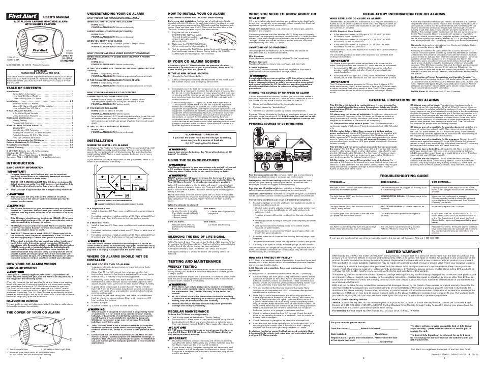 First Alert CO600 User Manual | 1 page