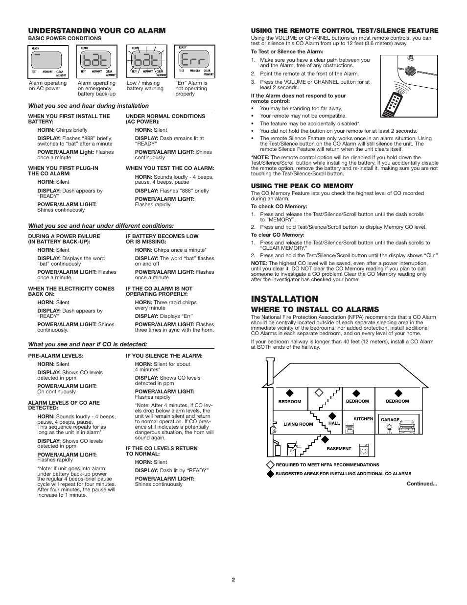 Installation, Where to install co alarms, Understanding your co alarm | First Alert FCD4 User Manual | Page 2 / 6