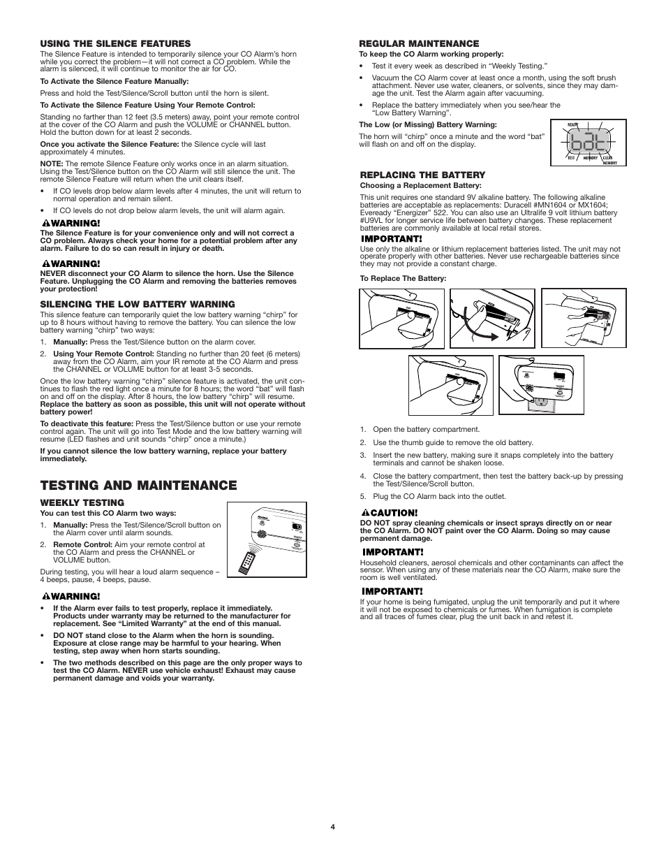 Testing and maintenance | First Alert FCD4 User Manual | Page 4 / 6