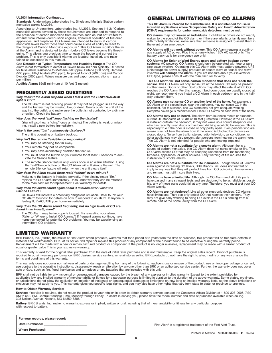 General limitations of co alarms, Limited warranty, Frequently asked questions | First Alert FCD4 User Manual | Page 6 / 6