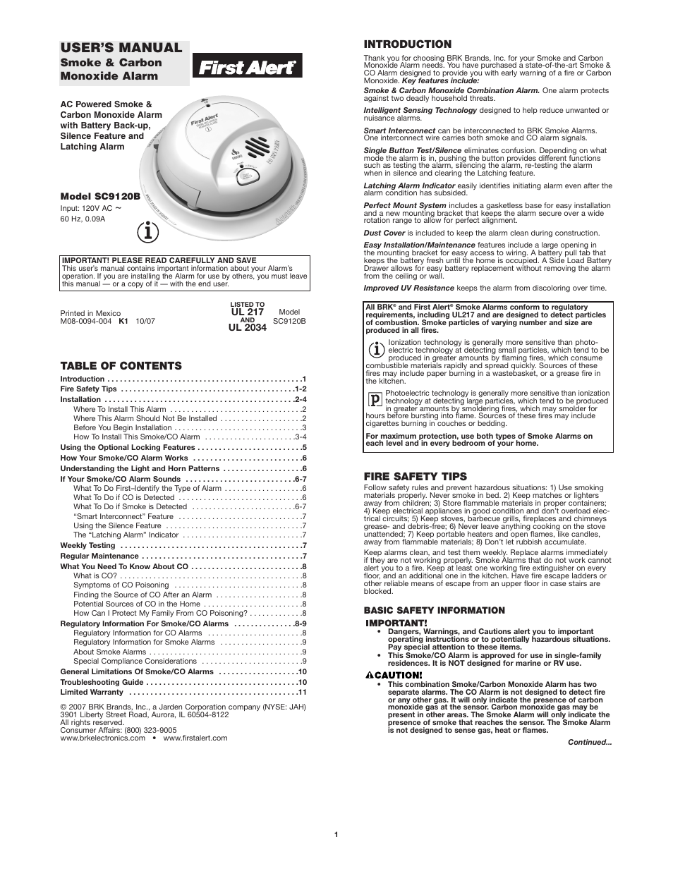 First Alert SC9120B User Manual | 11 pages