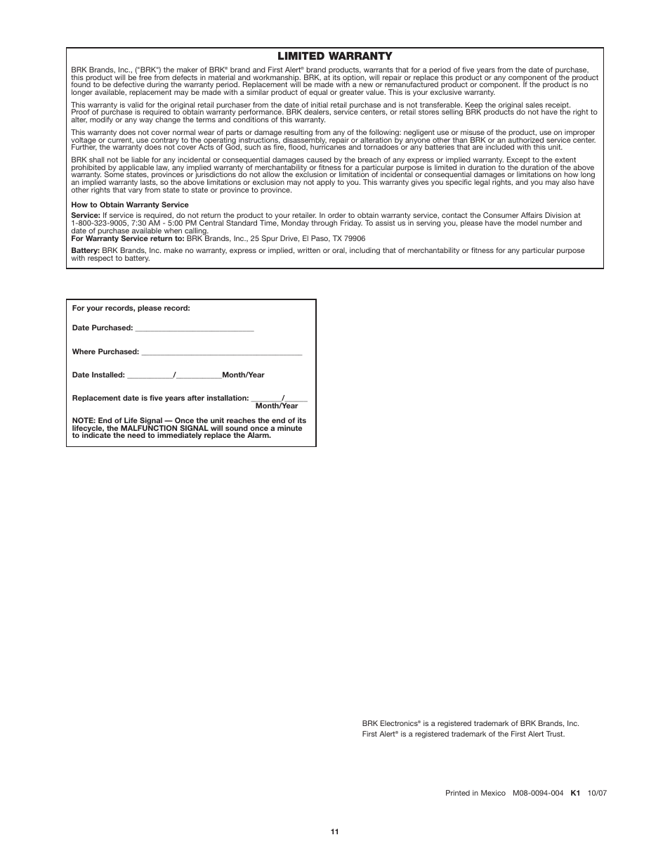 Limited warranty | First Alert SC9120B User Manual | Page 11 / 11