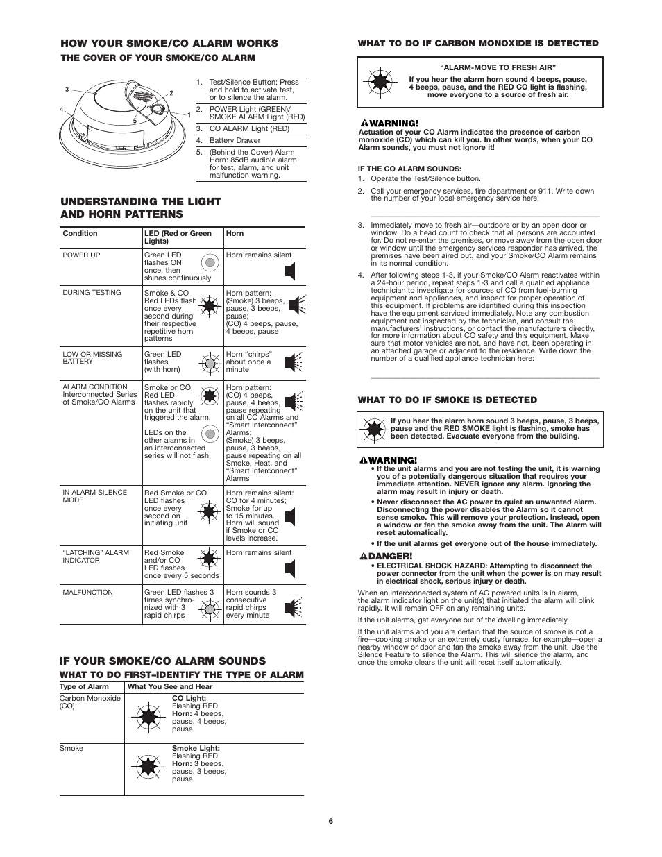 How your smoke/co alarm works, Understanding the light and horn patterns, If your smoke/co alarm sounds | First Alert SC9120B User Manual | Page 6 / 11