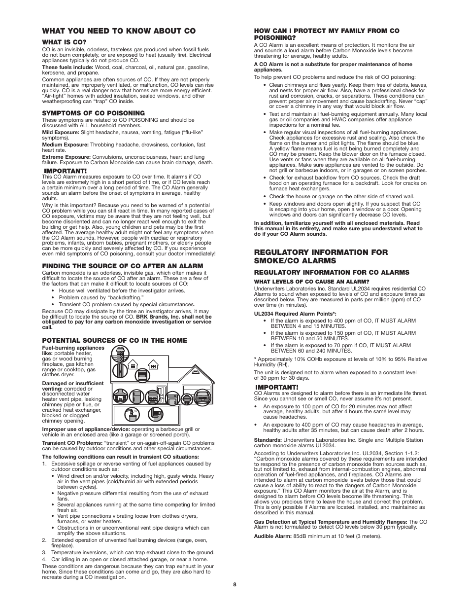 Regulatory information for smoke/co alarms, What you need to know about co | First Alert SC9120B User Manual | Page 8 / 11