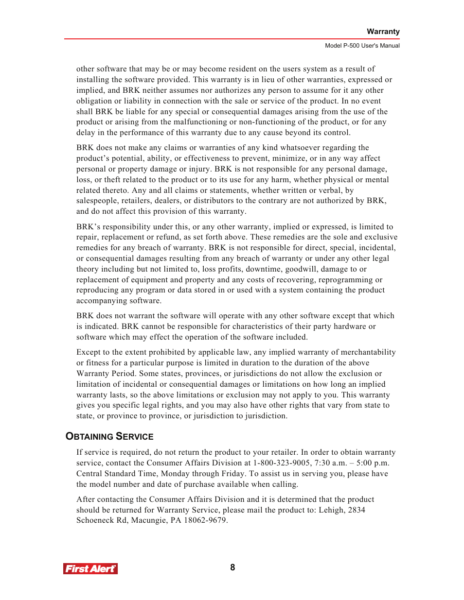 First Alert P-500 User Manual | Page 12 / 12
