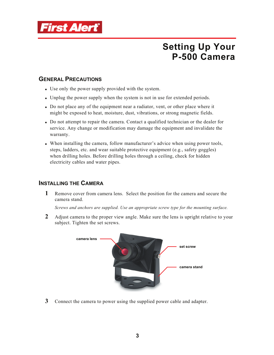 Setting up your p-500 camera | First Alert P-500 User Manual | Page 7 / 12