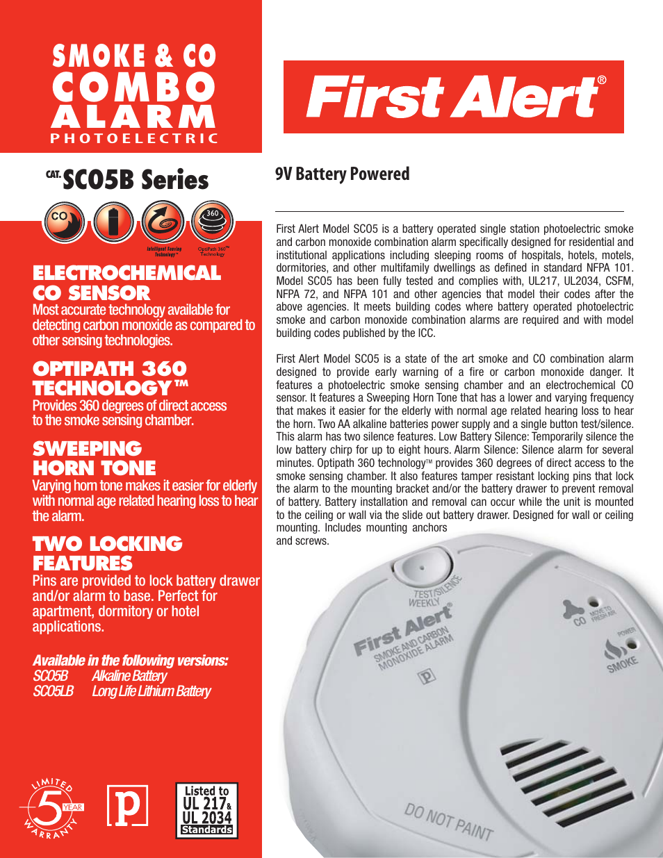 First Alert Combo alarm photoelectric SC05B series User Manual | 2 pages