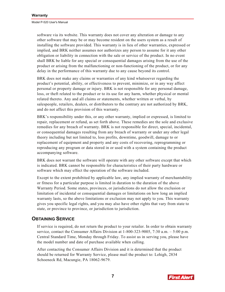 First Alert P-520 User Manual | Page 11 / 11