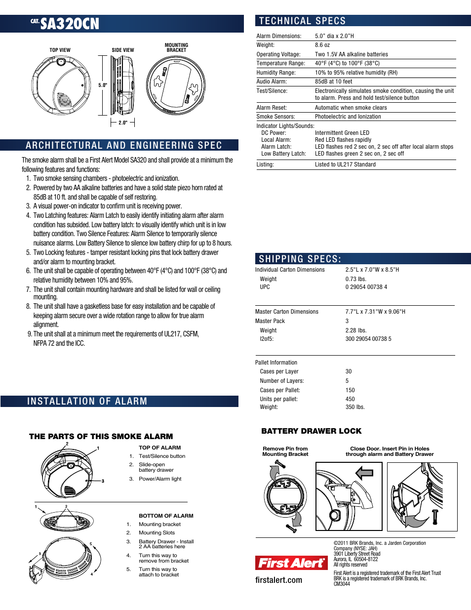 Sa320cn, Shipping specs: technical specs | First Alert SA320CN User Manual | Page 2 / 2