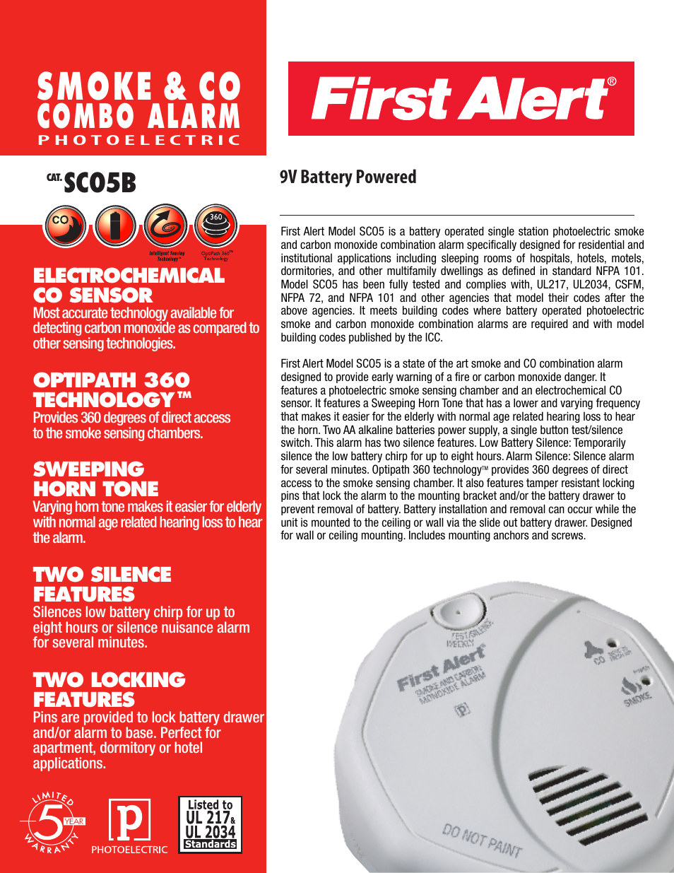 First Alert SMOKE & CO COMBO ALARM SC05B User Manual | 2 pages