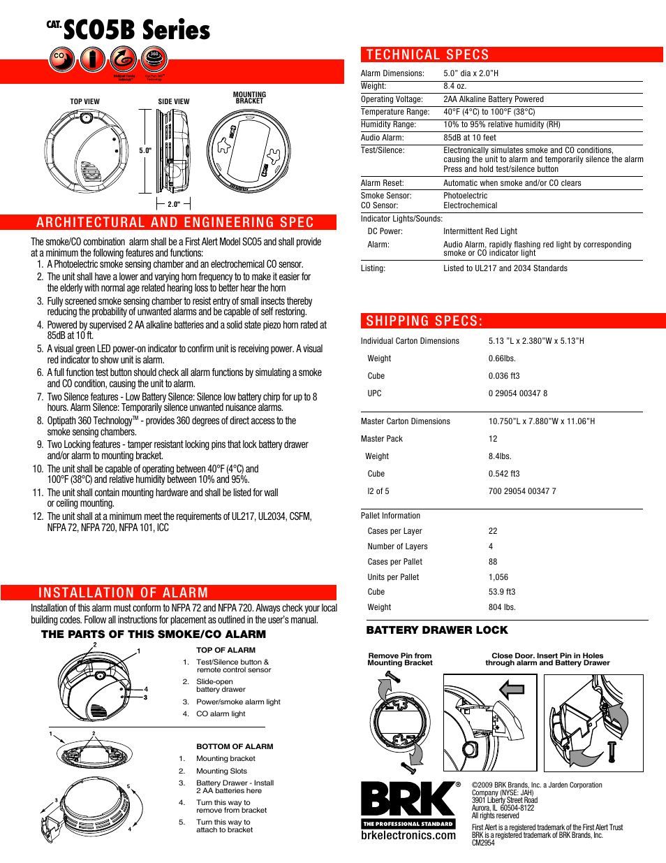 Sco5b series, Shipping specs: technical specs | First Alert SC05B User Manual | Page 2 / 2