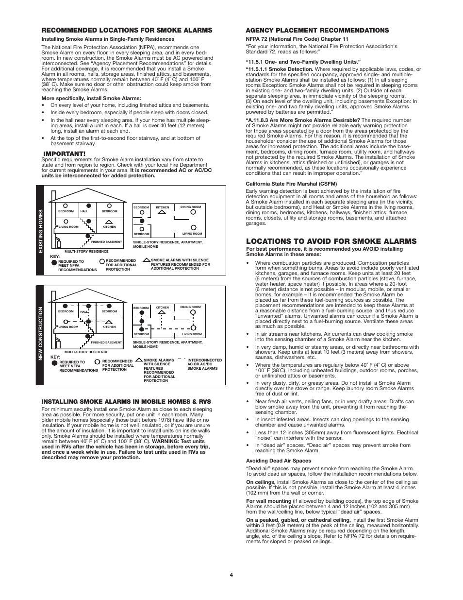 Locations to avoid for smoke alarms, Recommended locations for smoke alarms, Agency placement recommendations | Installing smoke alarms in mobile homes & rvs | First Alert SA303 User Manual | Page 4 / 5