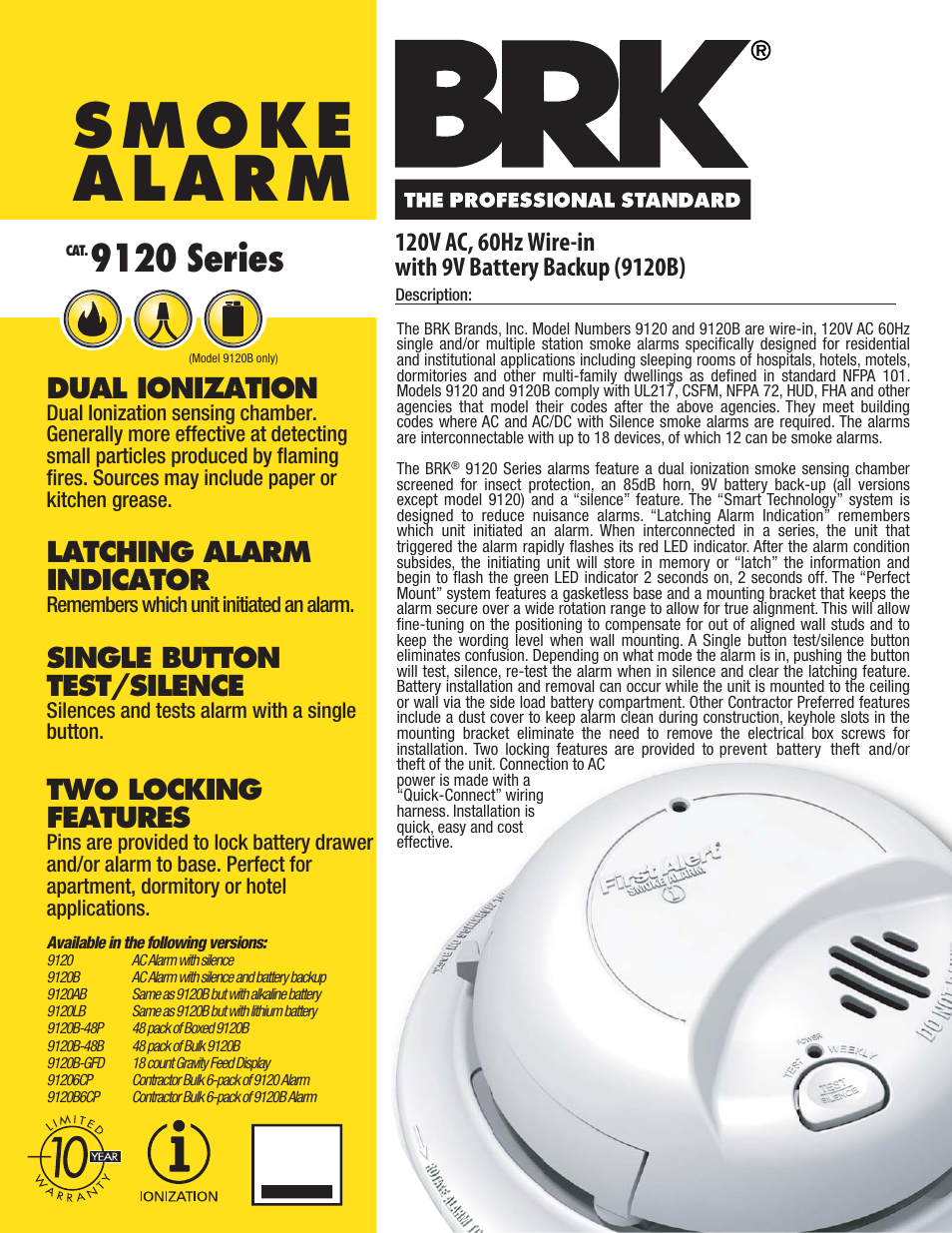 First Alert DUAL IONIZATION 9120/9120B/9120AB/9120LB/9120B-48P/9120B-48B/9120B-GFD/91206CP/9120B6CP User Manual | 2 pages