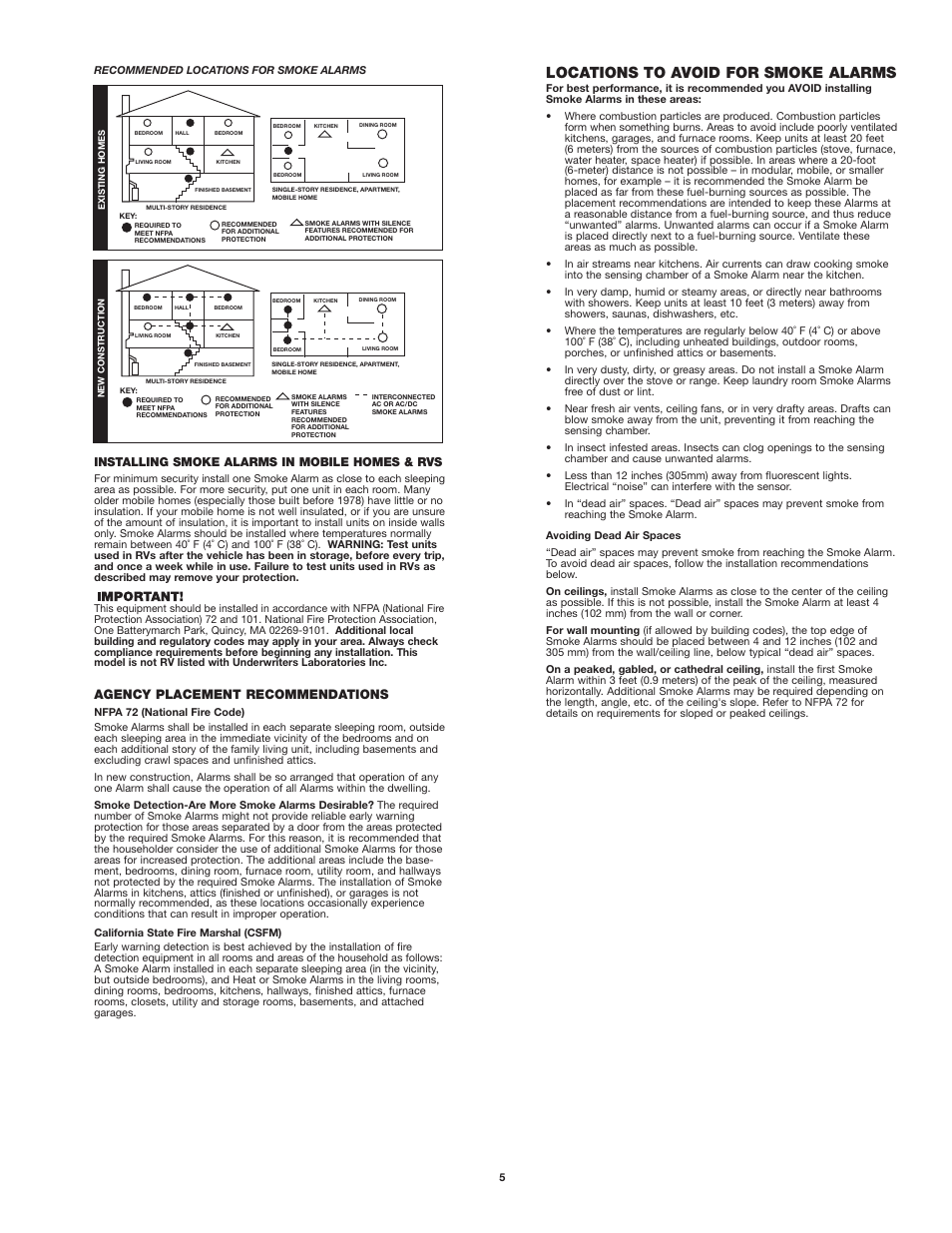 Locations to avoid for smoke alarms, Agency placement recommendations, Installing smoke alarms in mobile homes & rvs | First Alert SA710 User Manual | Page 5 / 6