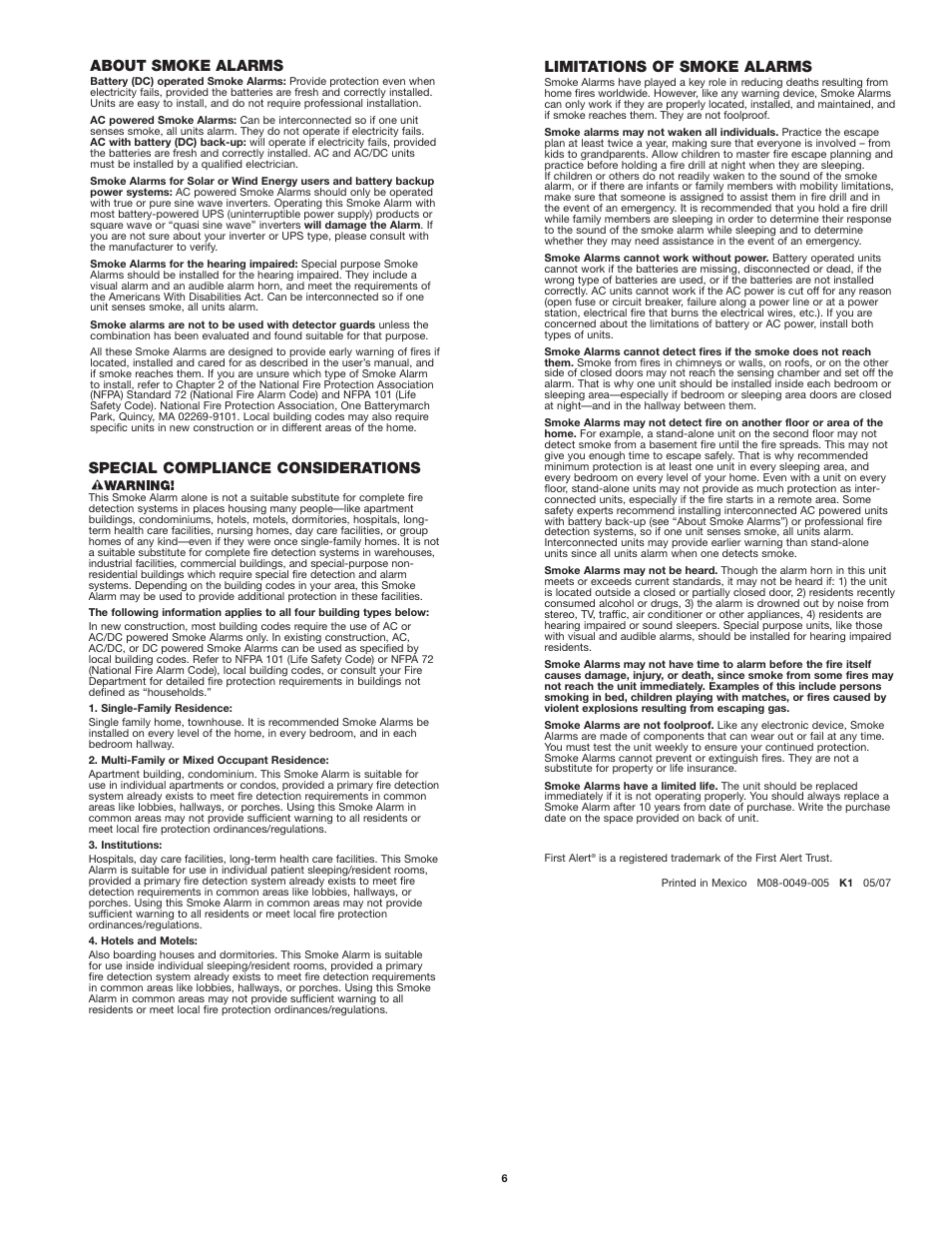 Special compliance considerations, Limitations of smoke alarms, About smoke alarms | First Alert SA710 User Manual | Page 6 / 6
