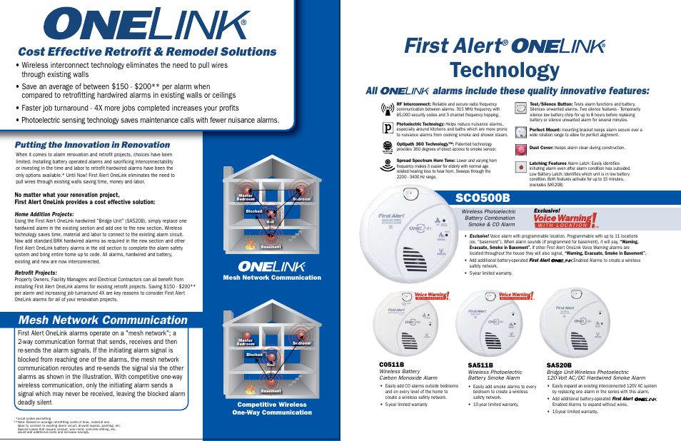 First alert, Technology, Earliest warning | Cost effective retrofit & remodel solutions, Sco500b, Mesh network communication, Putting the innovation in renovation, Provides the | First Alert One Link SA520B User Manual | Page 2 / 2