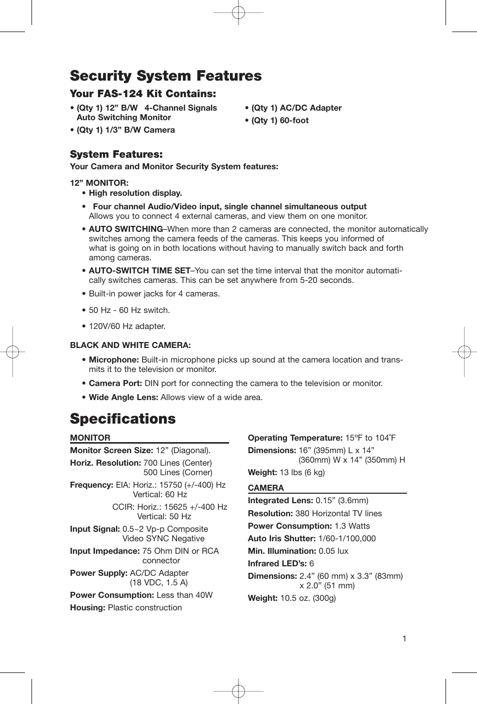 Security system features, Specifications | First Alert FAS-124 User Manual | Page 3 / 8