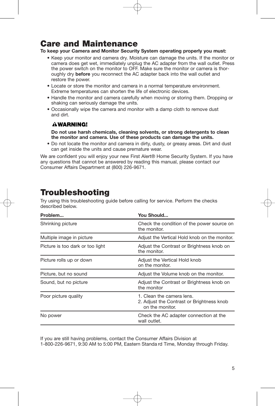 Care and maintenance, Troubleshooting | First Alert FAS-124 User Manual | Page 7 / 8