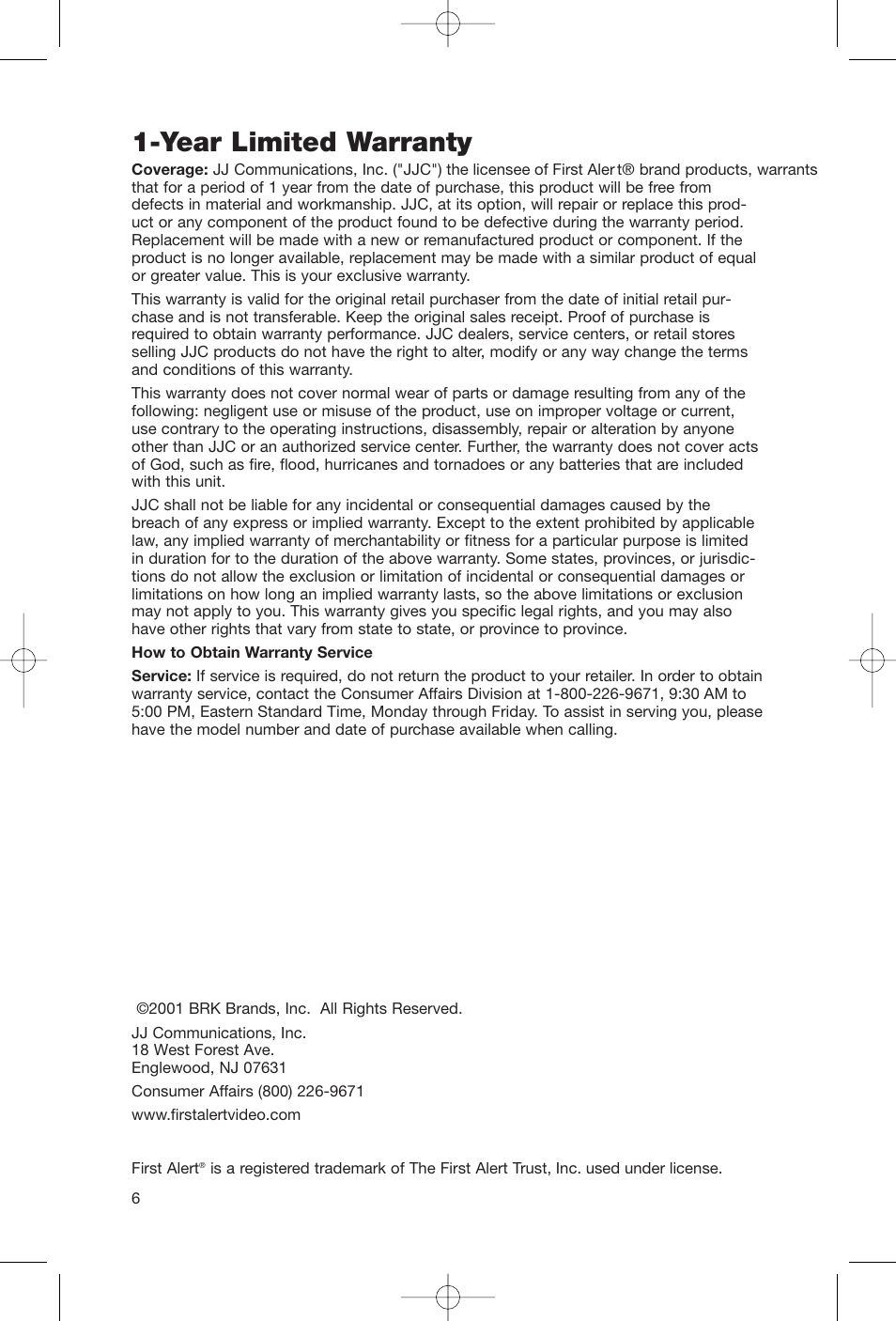 Year limited warranty | First Alert FAS-124 User Manual | Page 8 / 8