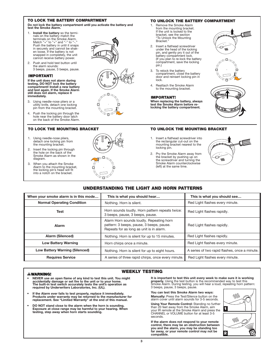 Understanding the light and horn patterns, Weekly testing | First Alert SA302 User Manual | Page 3 / 6