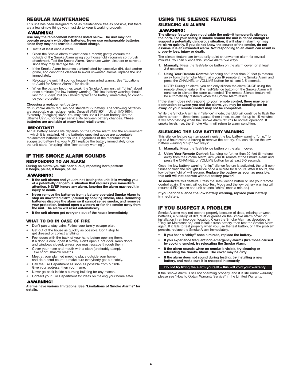 If this smoke alarm sounds, Regular maintenance, If you suspect a problem | Using the silence features | First Alert SA302 User Manual | Page 4 / 6