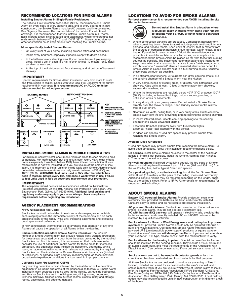 Locations to avoid for smoke alarms, About smoke alarms, Recommended locations for smoke alarms | First Alert SA302 User Manual | Page 5 / 6