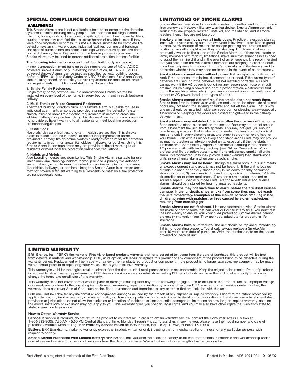 Special compliance considerations, Limited warranty, Limitations of smoke alarms | First Alert SA302 User Manual | Page 6 / 6