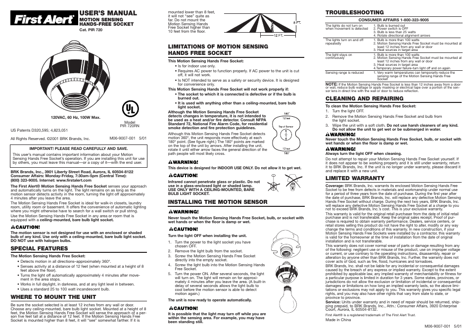First Alert PIR720R User Manual | 1 page