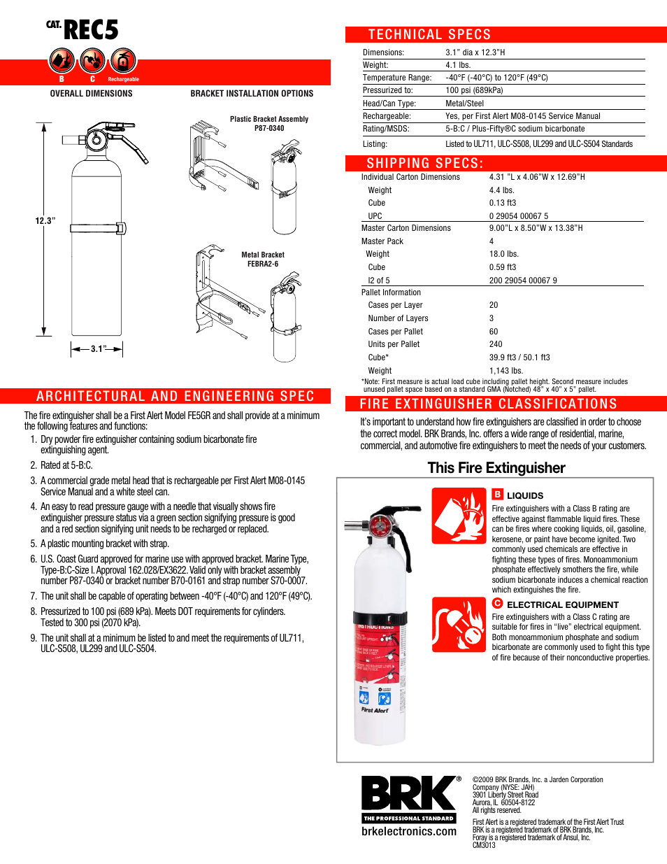 Rec5, This fire extinguisher, Architectural and engineering spec | Fire extinguisher classifications, Shipping specs: technical specs | First Alert FE5GR User Manual | Page 2 / 2