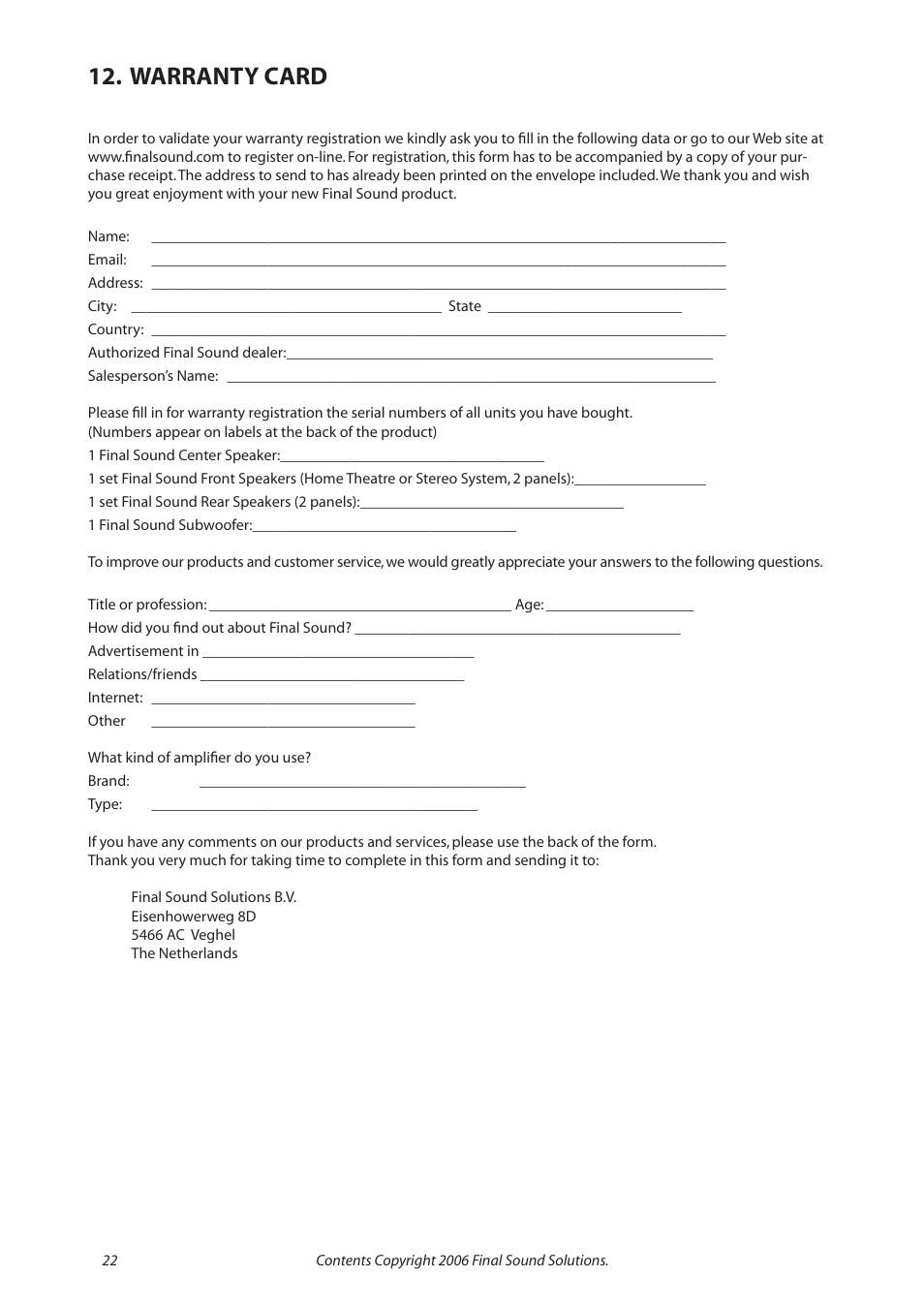 Warranty card | Final Sound F600i User Manual | Page 22 / 24