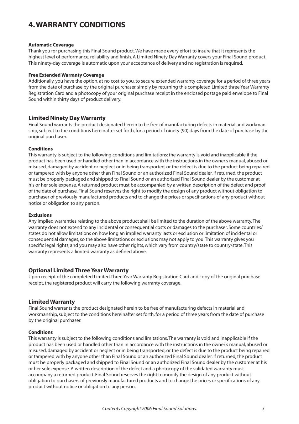 Warranty conditions | Final Sound F600i User Manual | Page 5 / 24