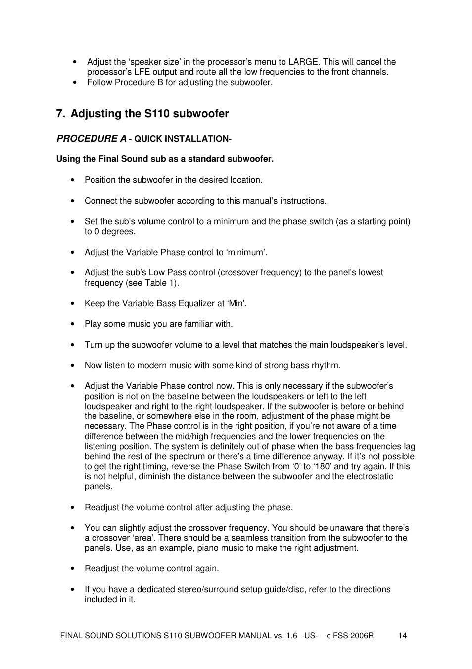 Adjusting the s110 subwoofer | Final Sound S110 User Manual | Page 14 / 26