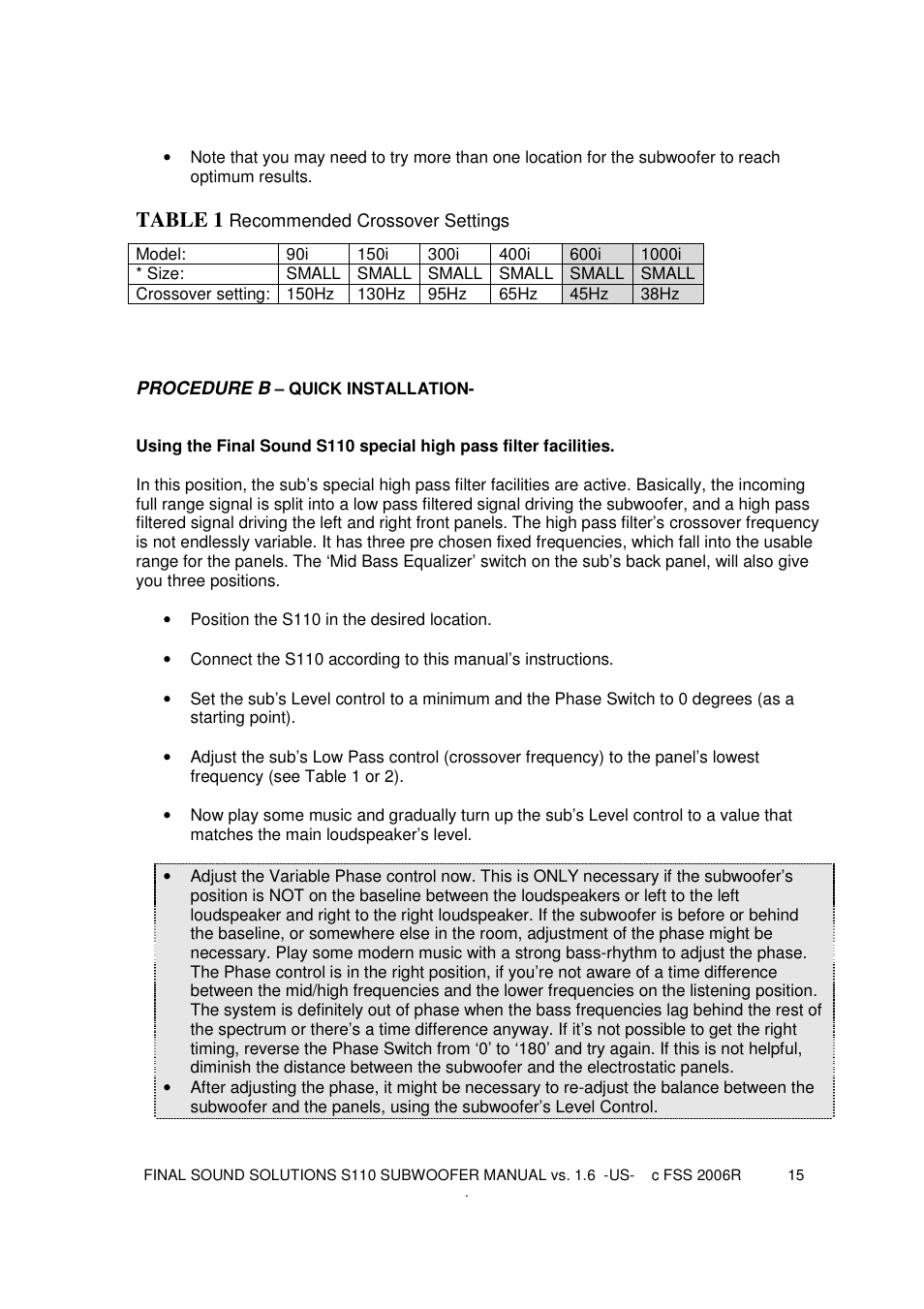 Table 1 | Final Sound S110 User Manual | Page 15 / 26