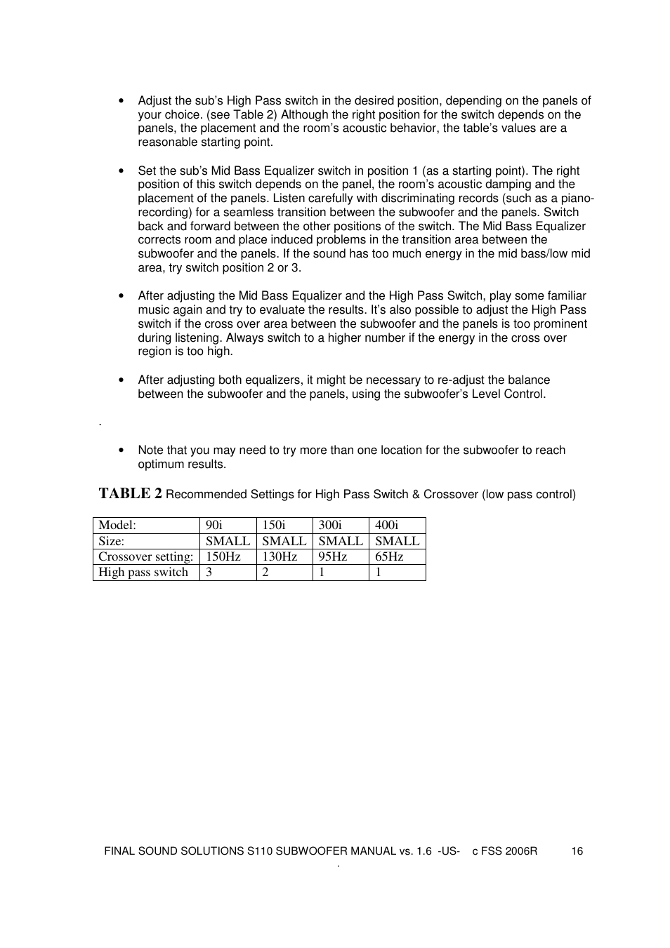 Table 2 | Final Sound S110 User Manual | Page 16 / 26