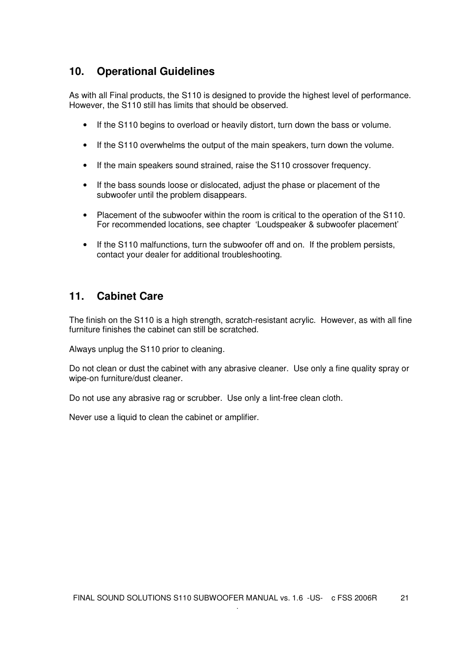 Operational guidelines, Cabinet care | Final Sound S110 User Manual | Page 21 / 26