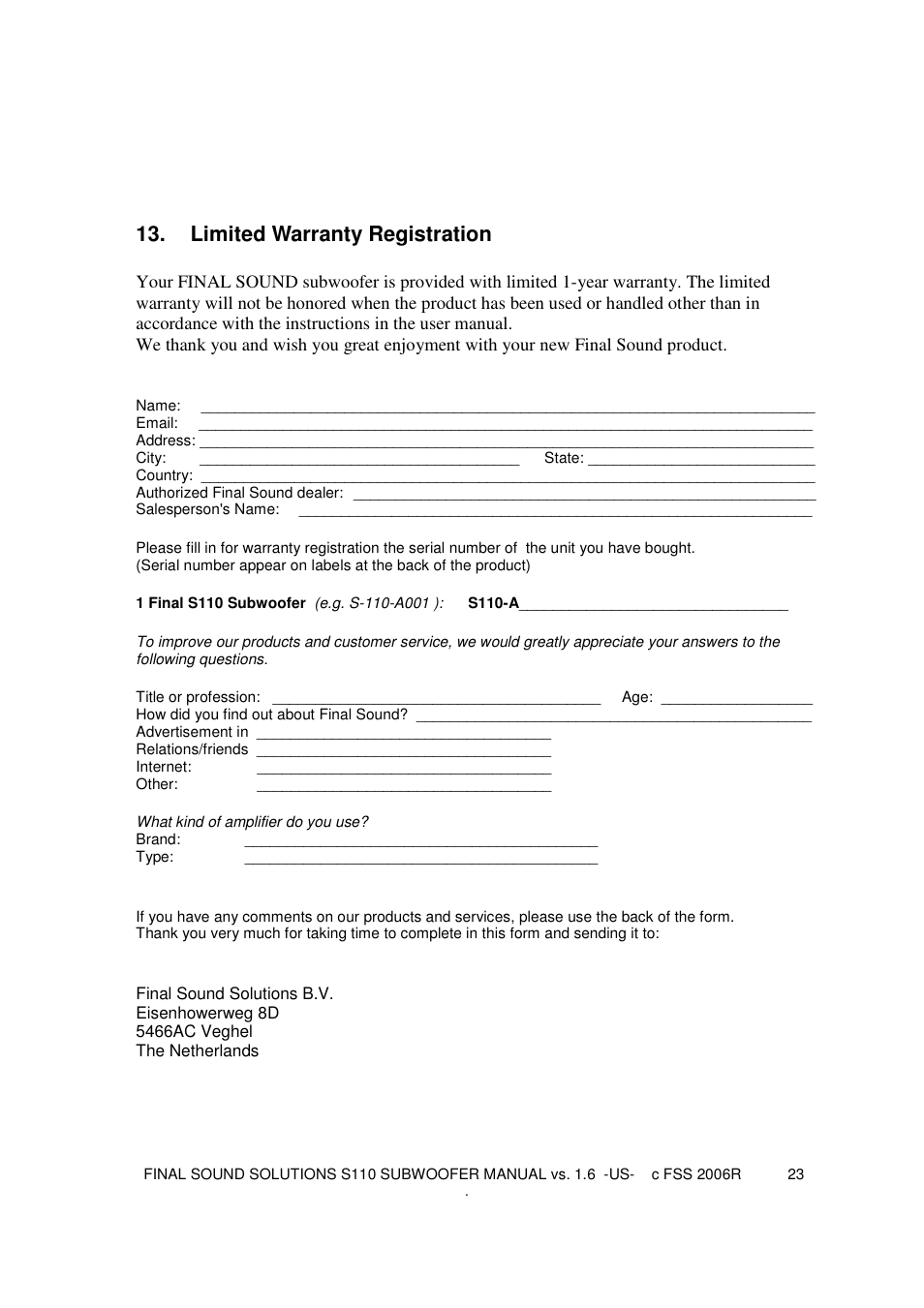 Limited warranty registration | Final Sound S110 User Manual | Page 23 / 26