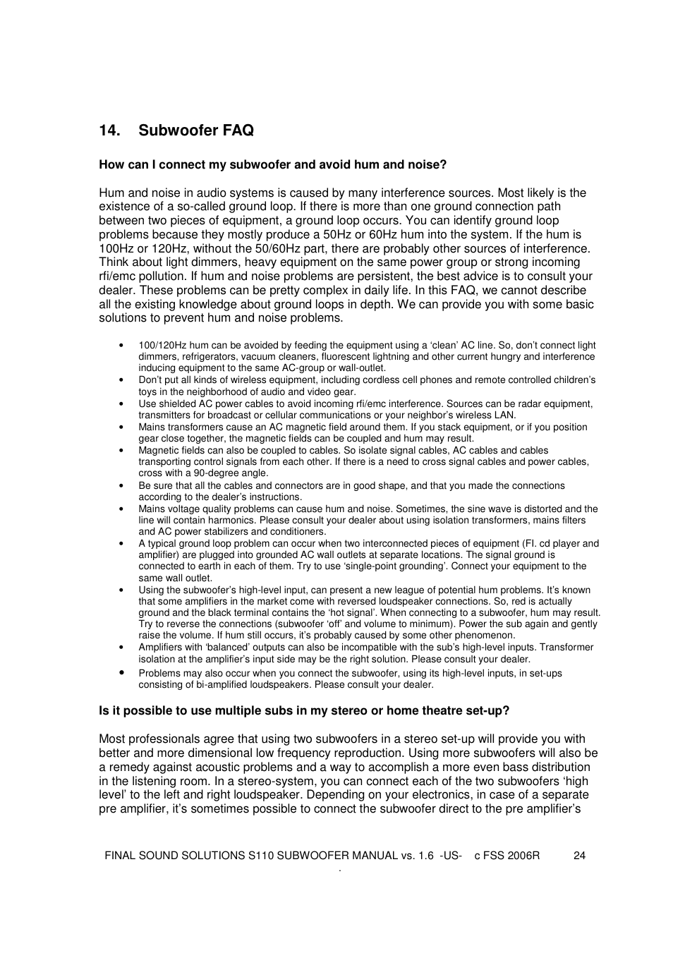 Subwoofer faq | Final Sound S110 User Manual | Page 24 / 26