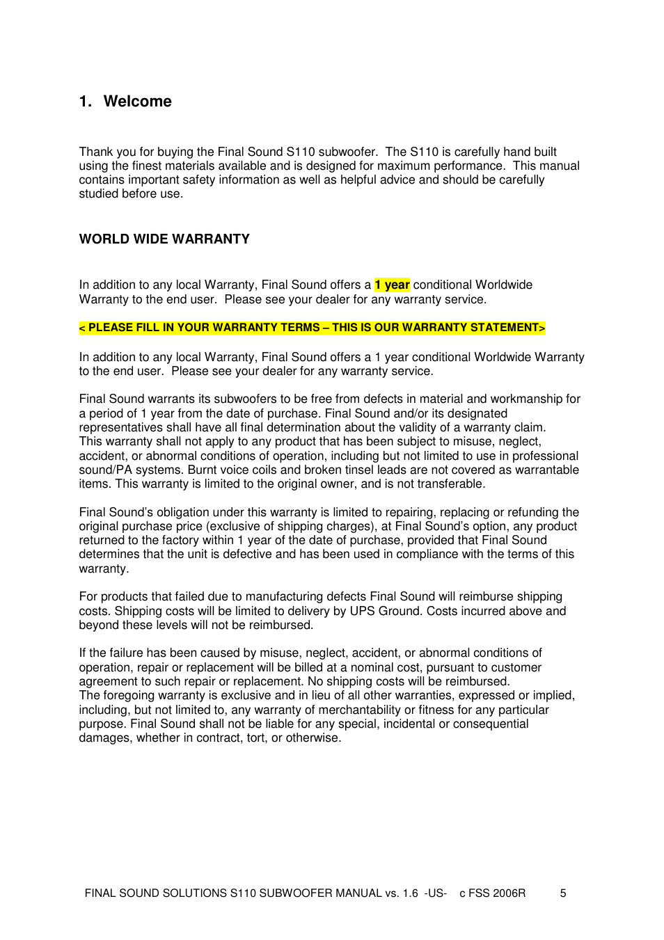 Welcome | Final Sound S110 User Manual | Page 5 / 26