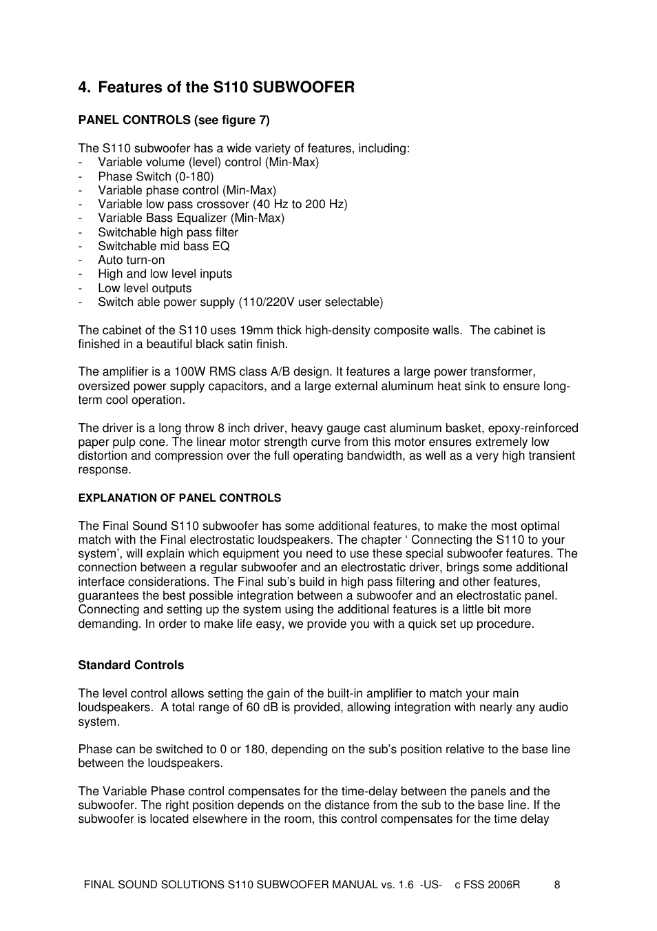 Features of the s110 subwoofer | Final Sound S110 User Manual | Page 8 / 26
