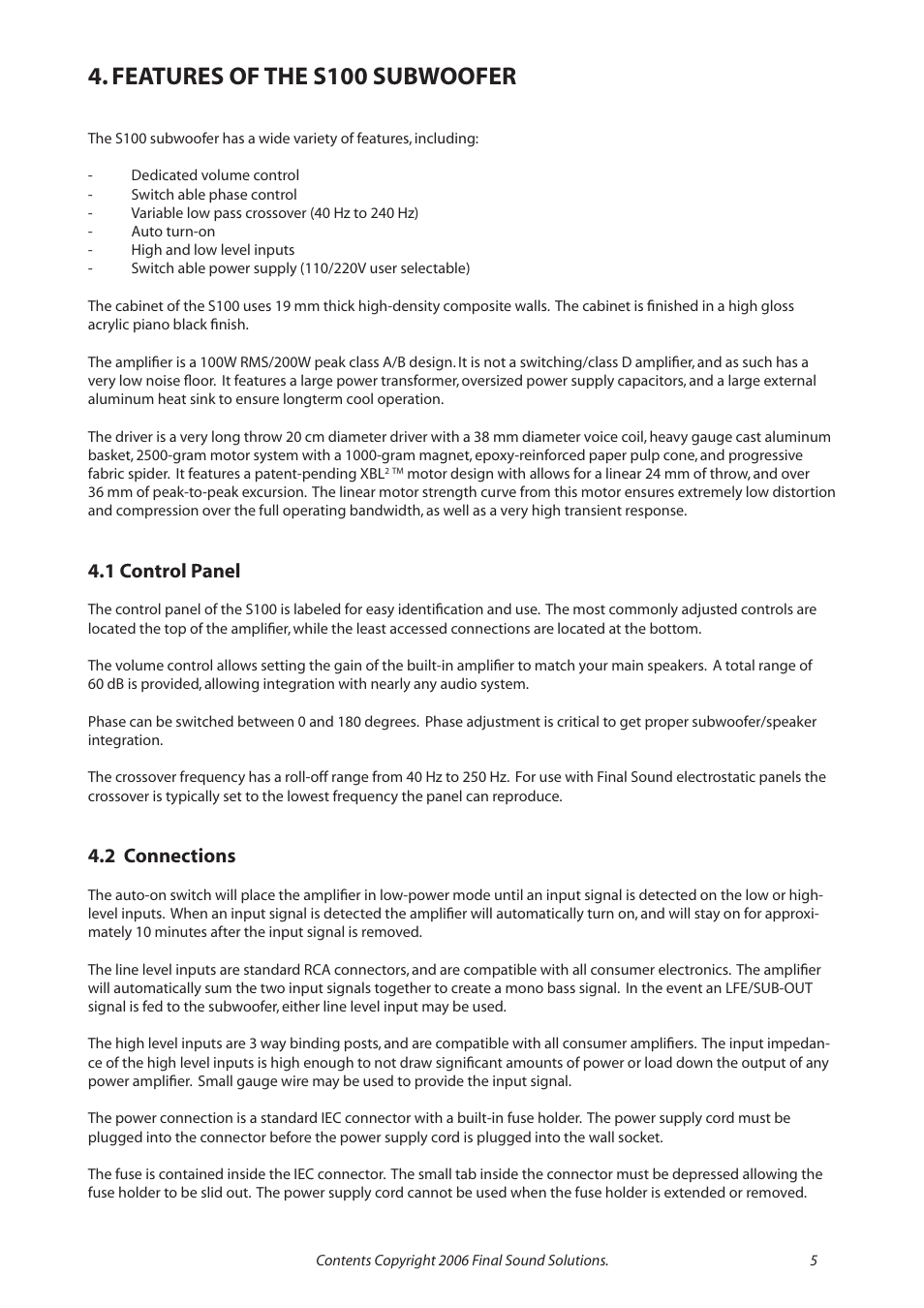 Features of the s100 subwoofer, 1 control panel, 2 connections | Final Sound S100 User Manual | Page 5 / 12