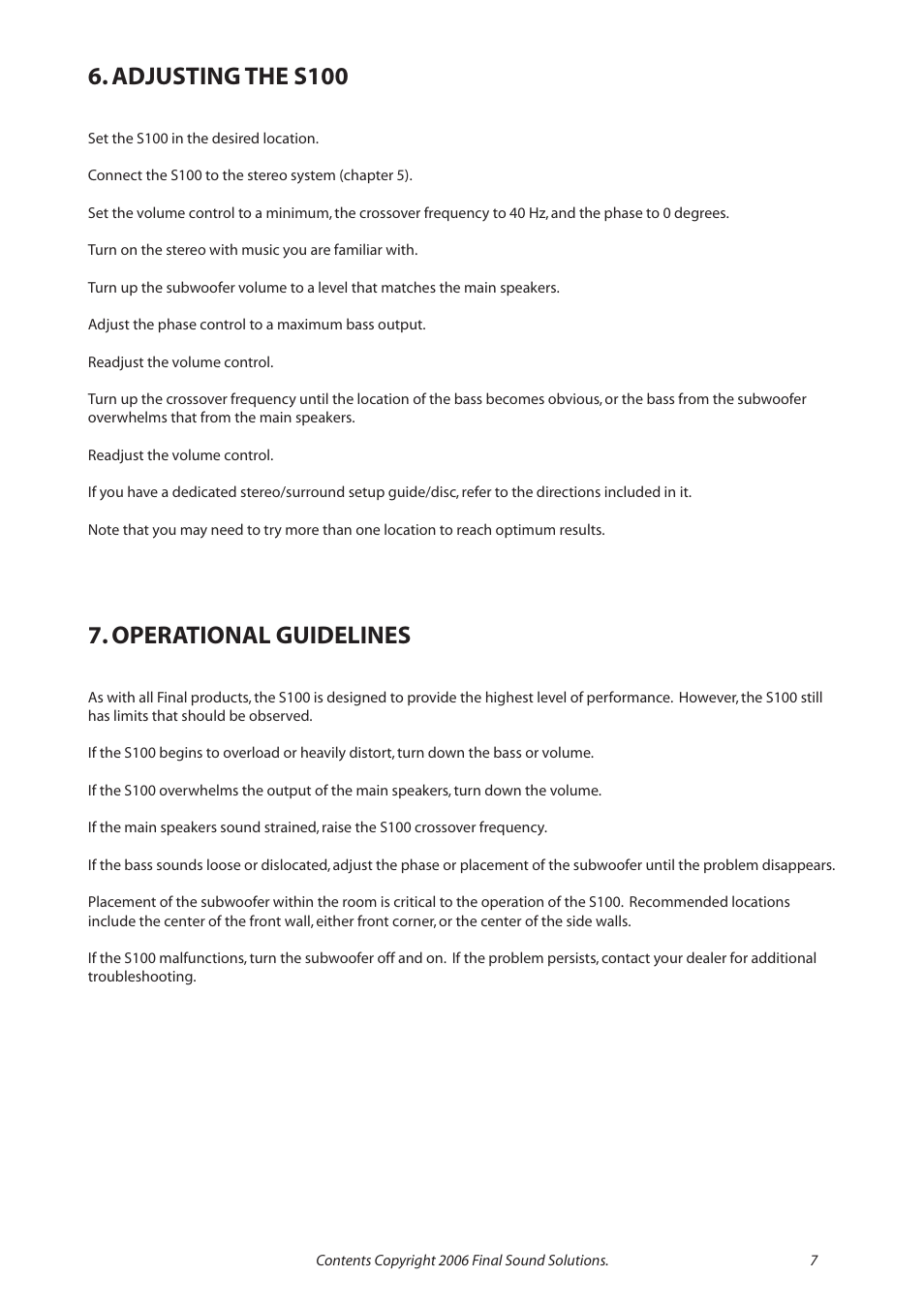 Adjusting the s100, Operational guidelines | Final Sound S100 User Manual | Page 7 / 12