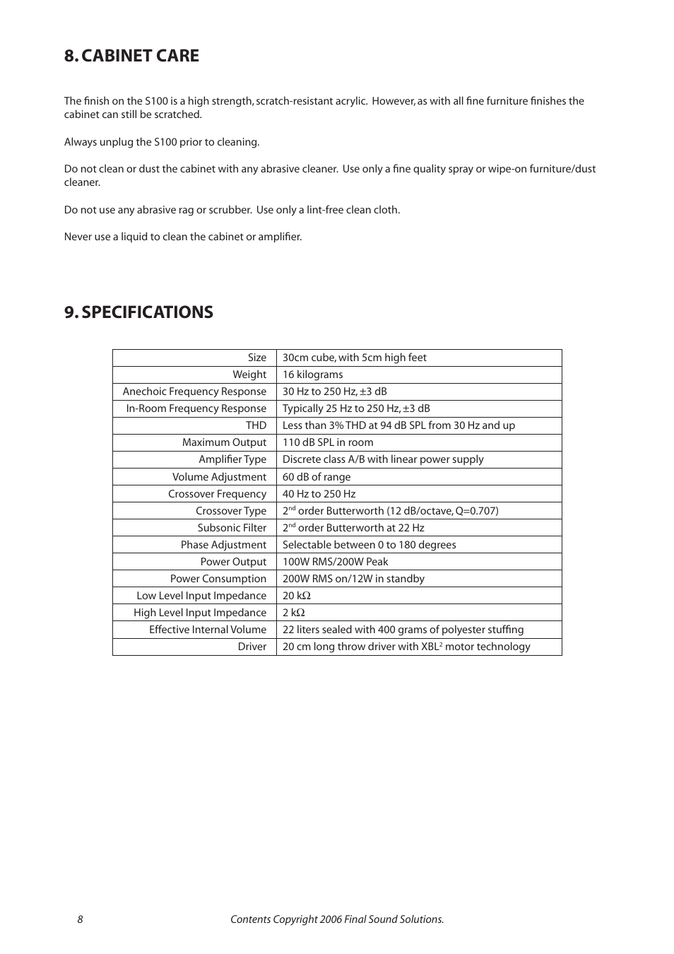 Cabinet care, Specifications | Final Sound S100 User Manual | Page 8 / 12
