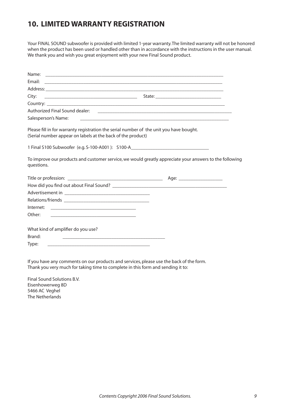 Limited warranty registration | Final Sound S100 User Manual | Page 9 / 12