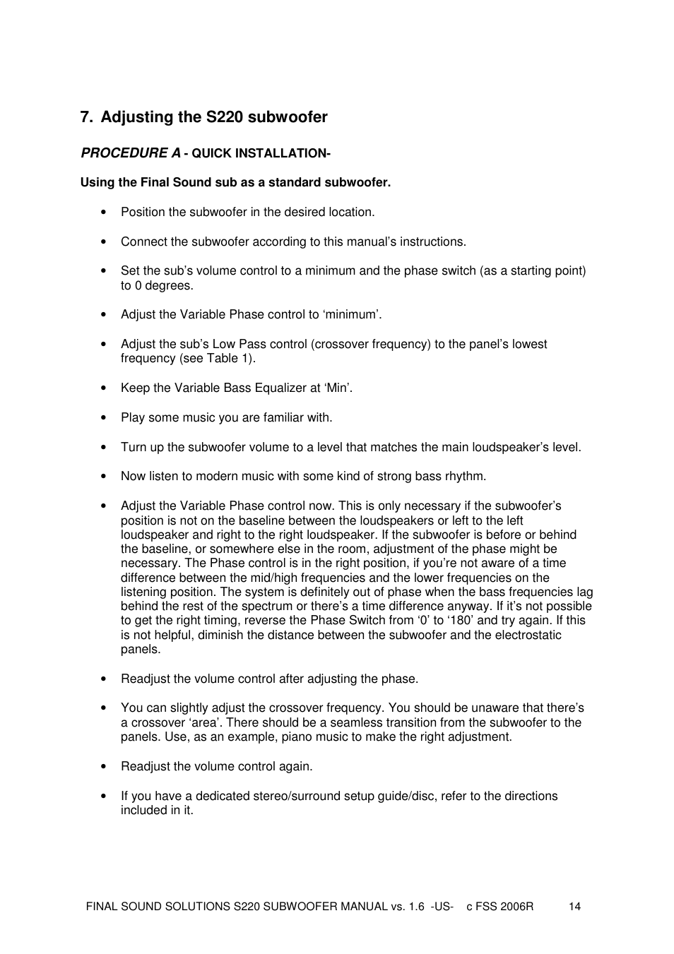 Adjusting the s220 subwoofer | Final Sound S220 User Manual | Page 14 / 26
