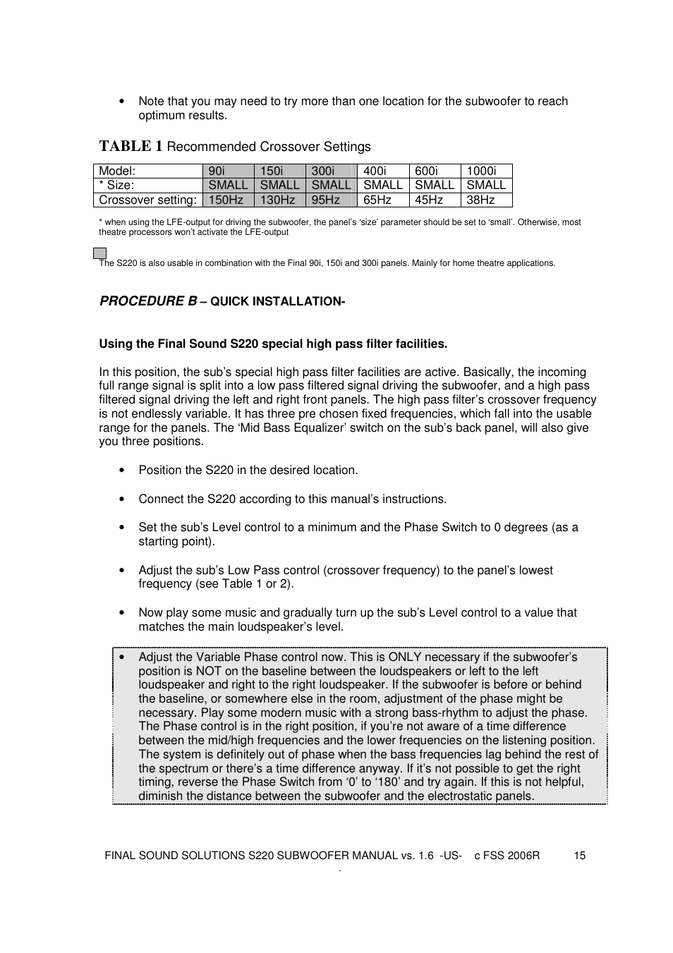 Table 1 | Final Sound S220 User Manual | Page 15 / 26