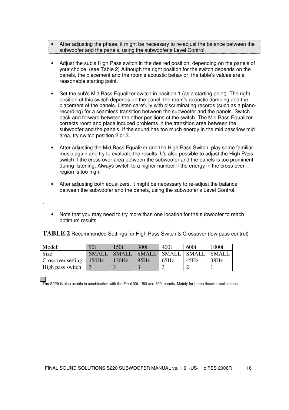 Table 2 | Final Sound S220 User Manual | Page 16 / 26