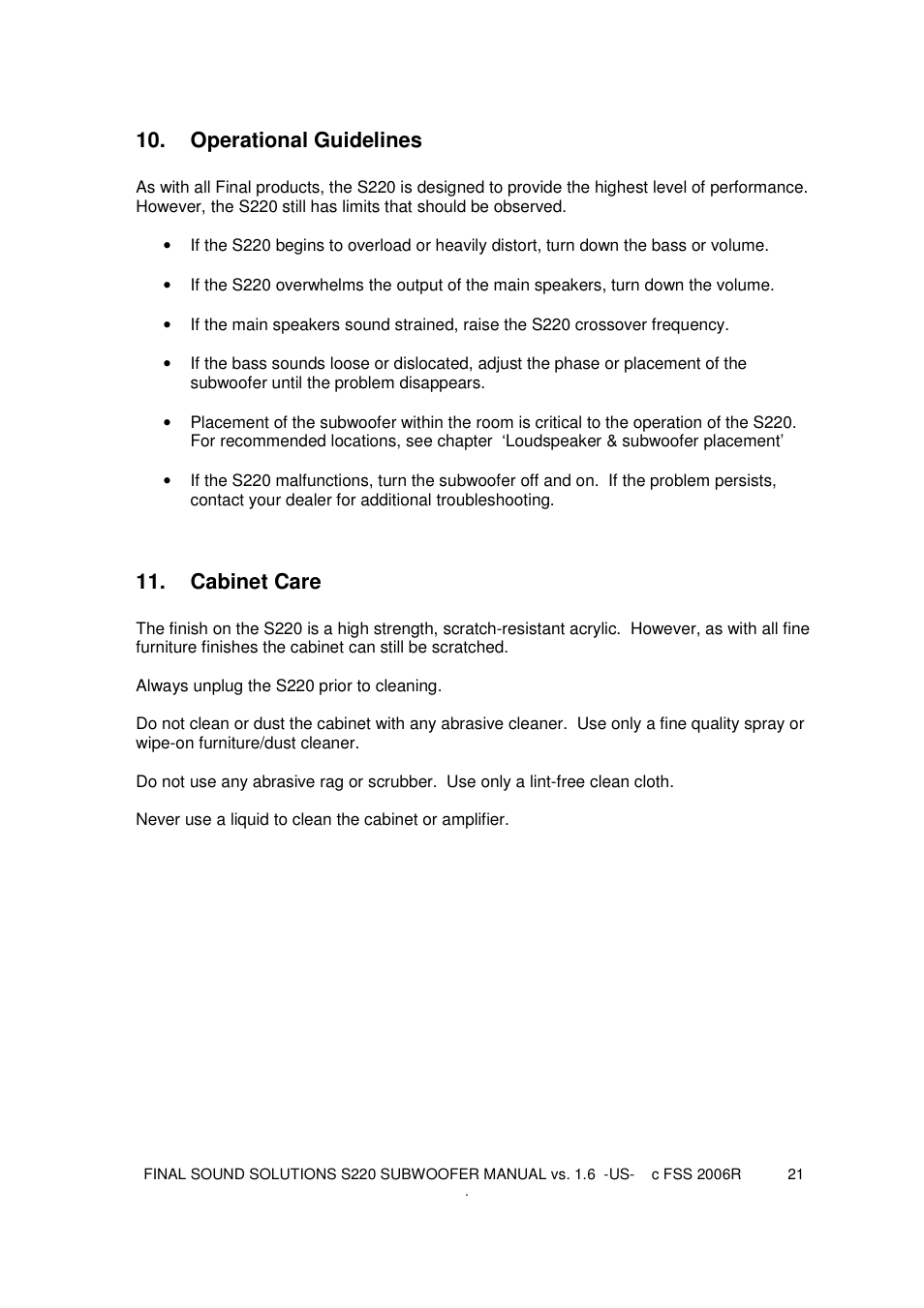 Operational guidelines, Cabinet care | Final Sound S220 User Manual | Page 21 / 26